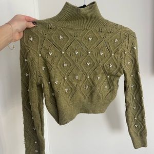 Zara green turtleneck cropped pearl sweater